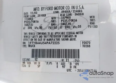 2004 Ford Ranger Edge/Tremor/Xlt z USA, uszkodzony, nr VIN 1FTYR44U54PA72225